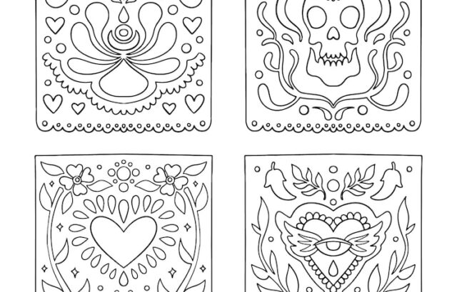 Four decorative skull-themed coloring page panels