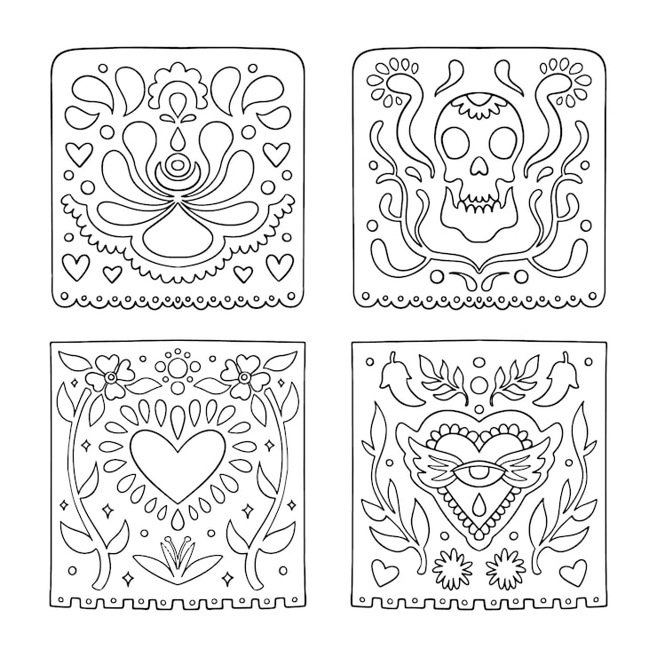 Four decorative skull-themed coloring page panels