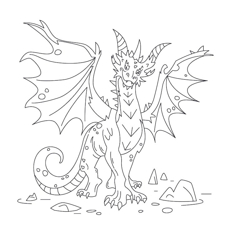 Line drawing of a winged dragon standing on rocks