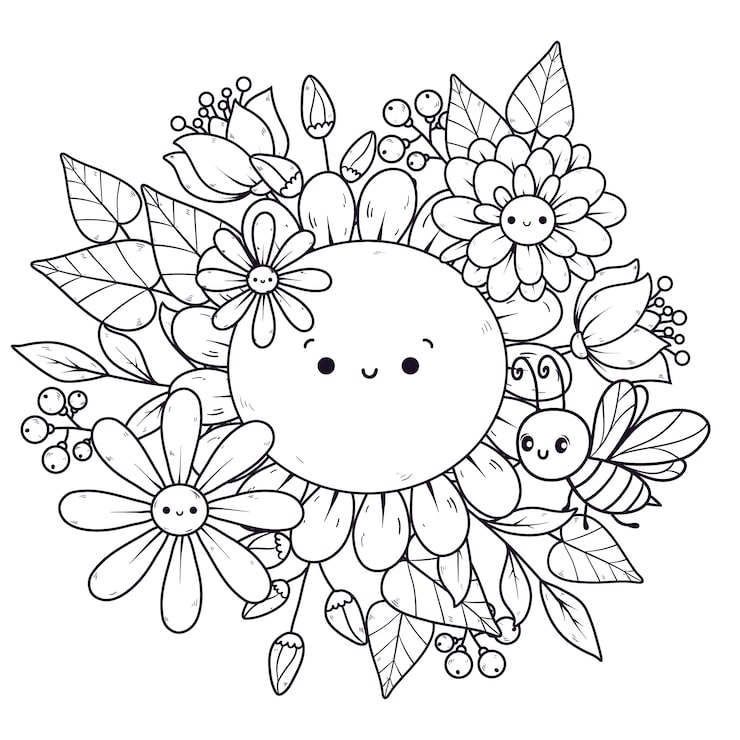 Cute flower wreath with smiling bee and ladybug