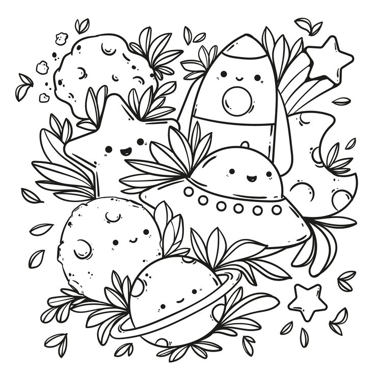Cute planets and stars with leafy decorations