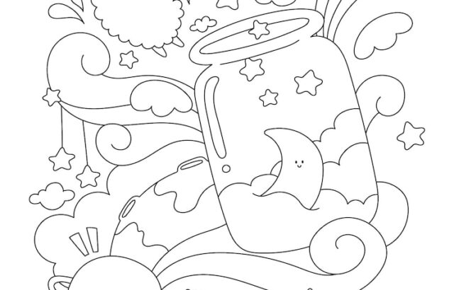 Cute space-themed coloring page with stars, moon, planet, and jar