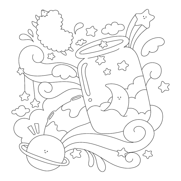 Cute space-themed coloring page with stars, moon, planet, and jar