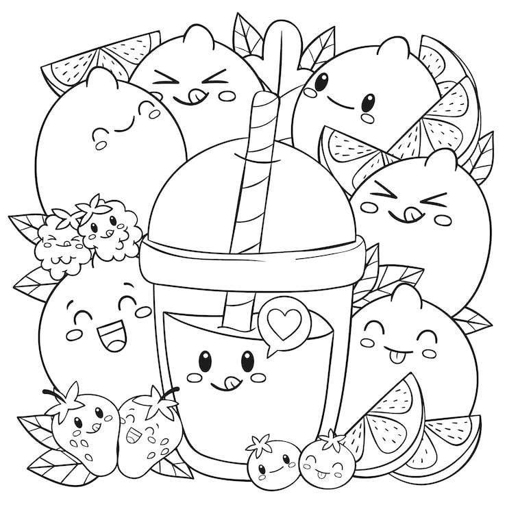 Cute fruit faces around a smiling drink cup