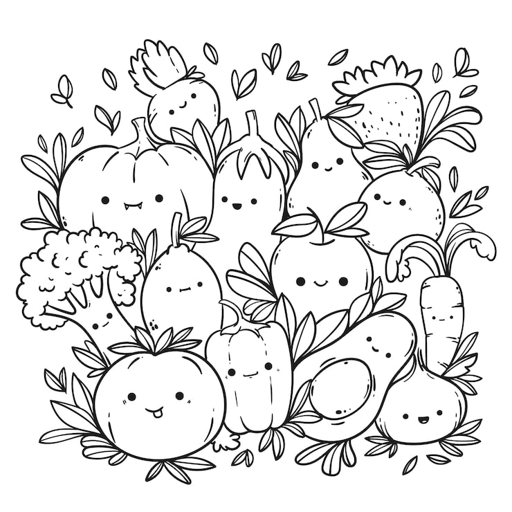 Cute fruit and vegetable doodles on white background