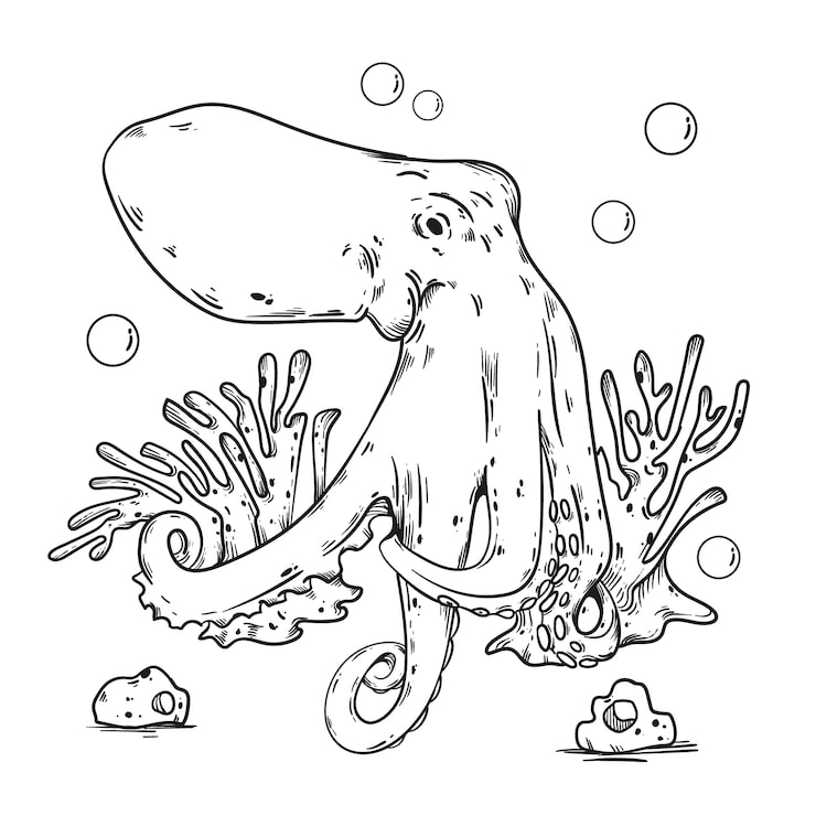 Black-and-white octopus illustration with coral and bubbles