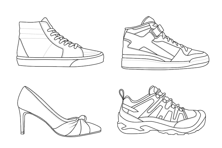 Four outlined shoe drawings on white background