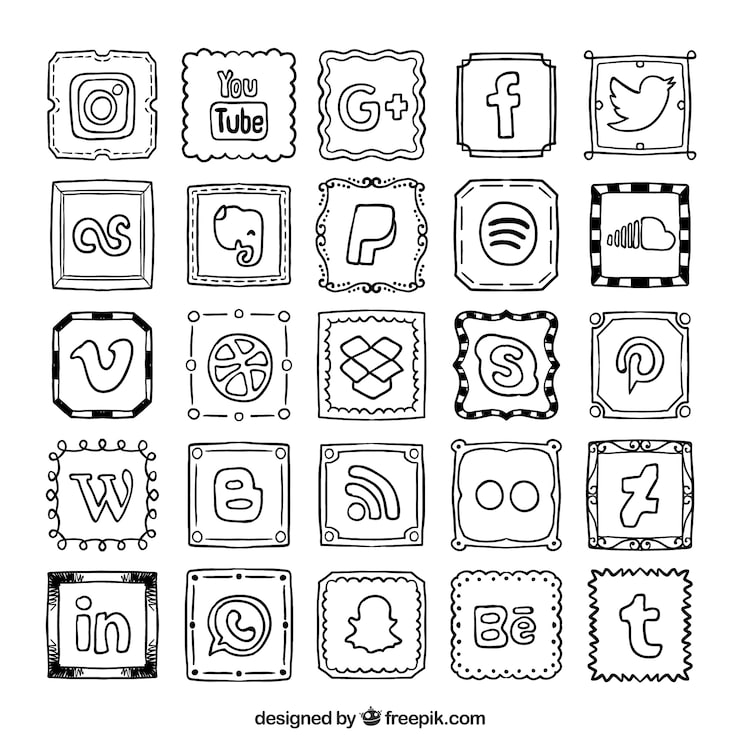Hand-drawn social media icons in a grid on white background