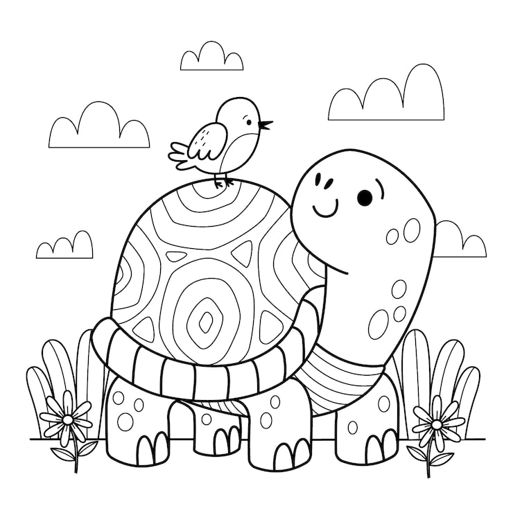Coloring page of turtle with bird, clouds, and flowers