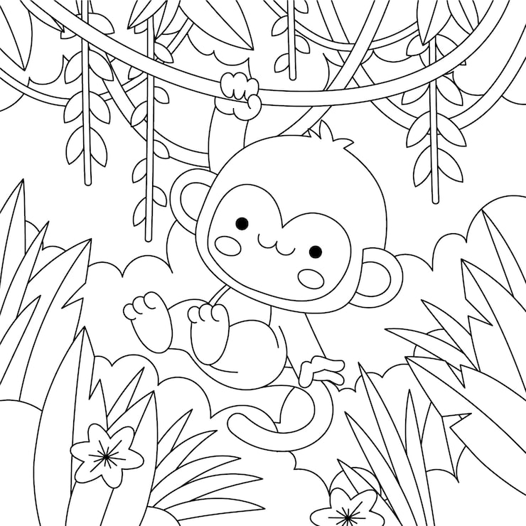 Cute monkey hanging in jungle leaves coloring page