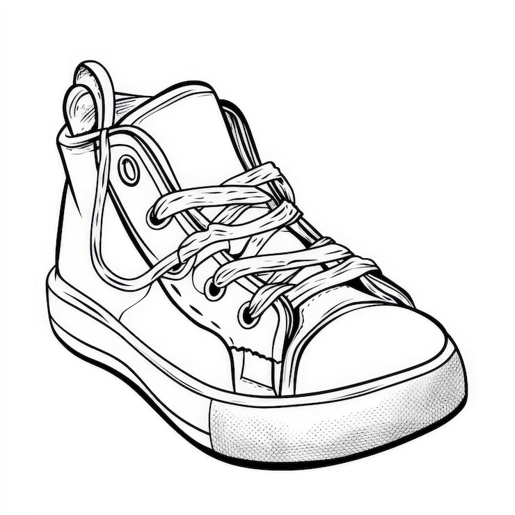 Black-and-white drawing of a high-top sneaker