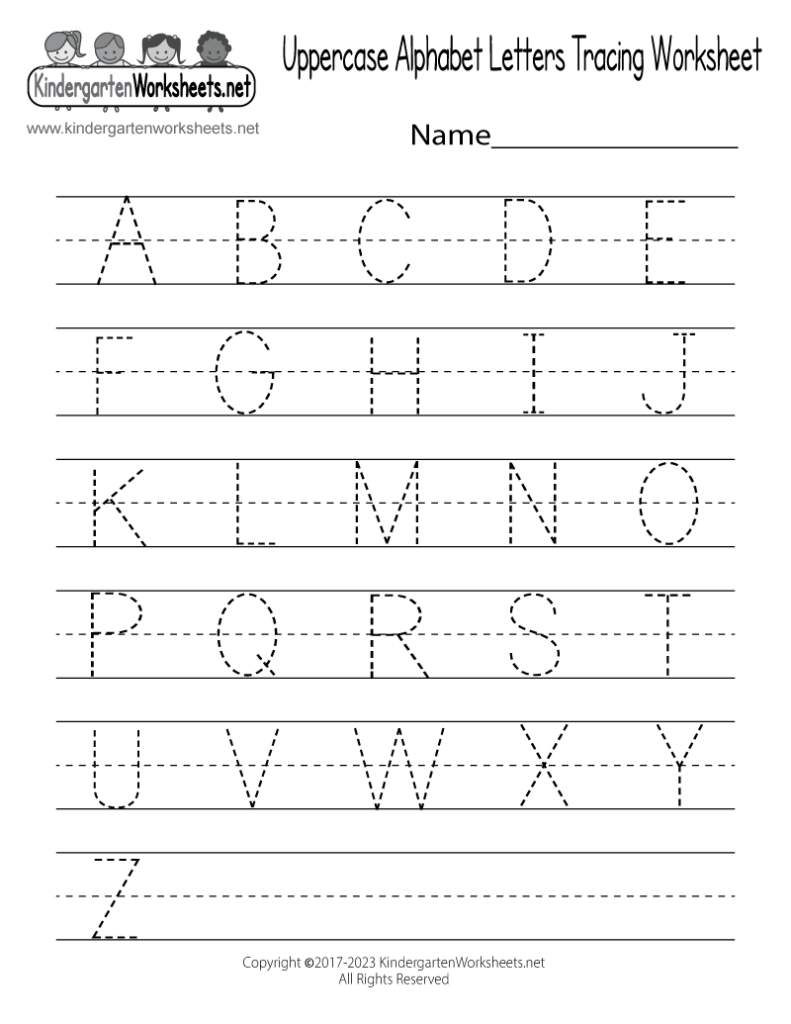 Uppercase alphabet tracing worksheet with dotted letters