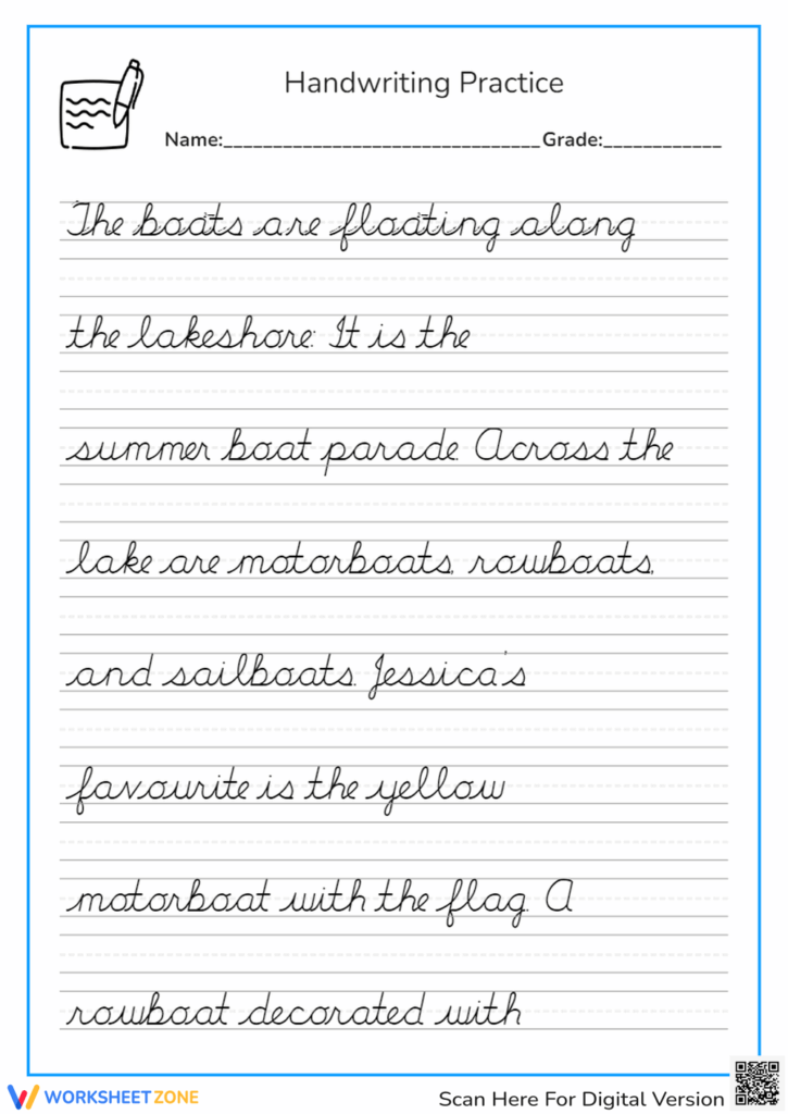 Handwriting practice worksheet with cursive sentences about boats