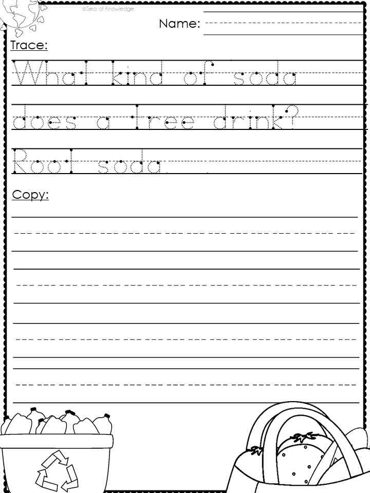 Kids handwriting worksheet about soda and drinks