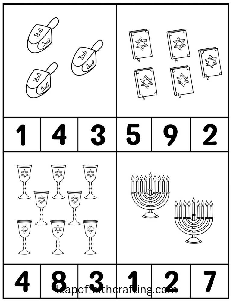 Three dreidels, six Star-of-David books, numbered tiles, goblets, two menorahs.
