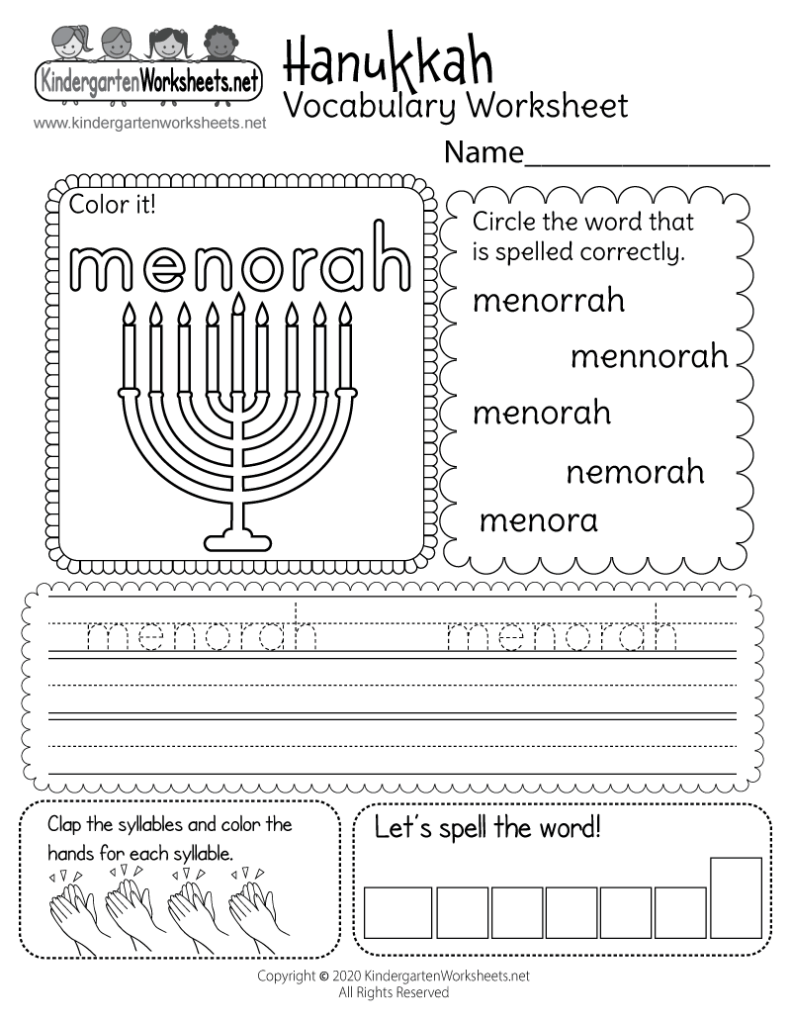 Printable Hanukkah vocabulary worksheet featuring a menorah illustration.