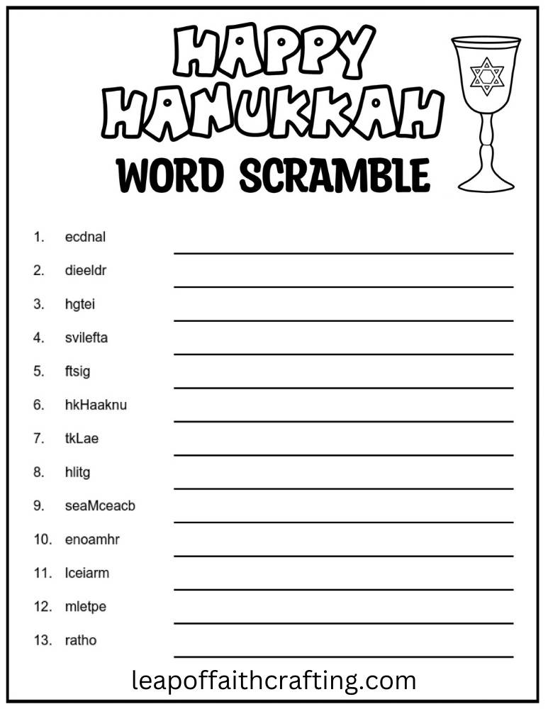 Hanukkah word scramble worksheet with a goblet