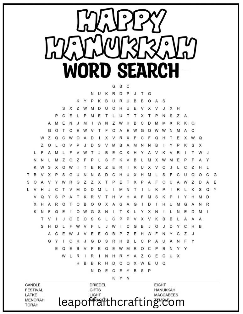 Hanukkah word search worksheet with large title and letters