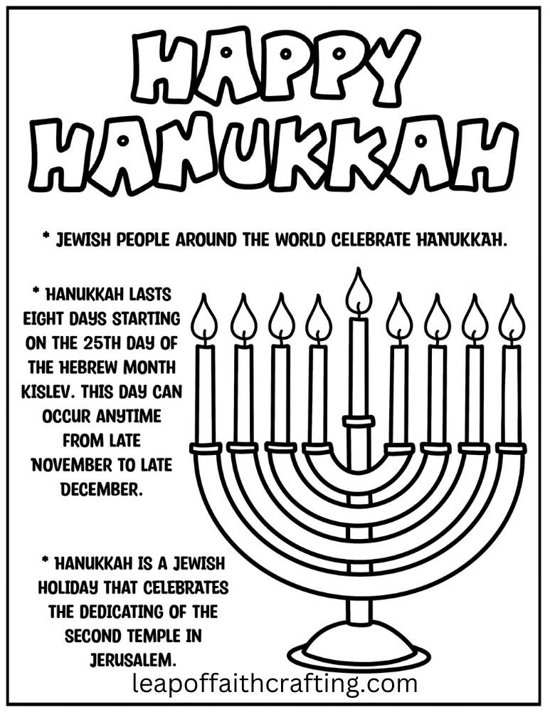 Large Happy Hanukkah banner with menorah and leapoffaithcrafting.com.