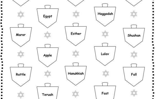 Hanukkah dreidel worksheet with star icons and labels