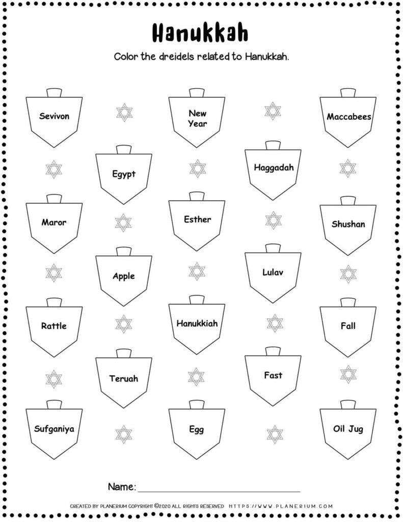 Hanukkah dreidel worksheet with star icons and labels
