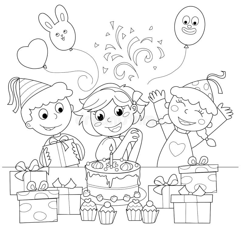 Children celebrating around birthday cake and presents