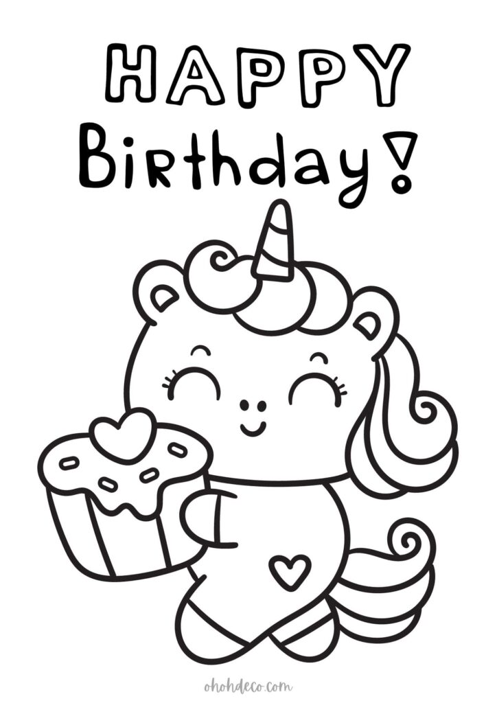 Happy Birthday text above unicorn holding cupcake