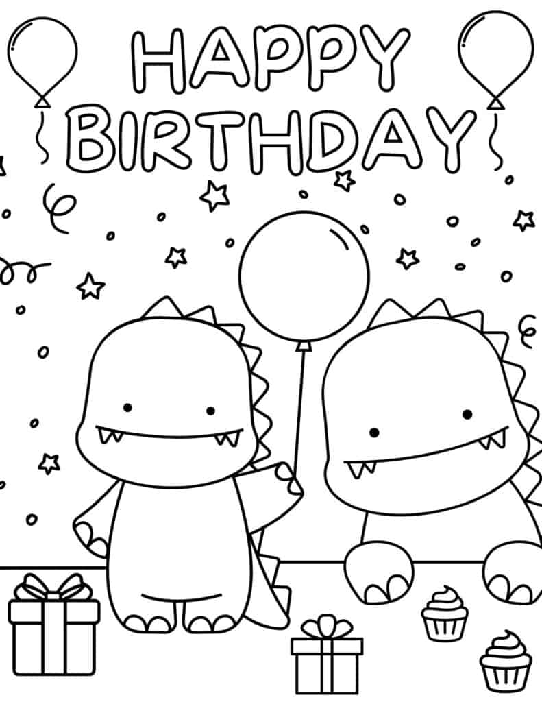 Happy birthday coloring page with two dinosaurs, balloons, gifts
