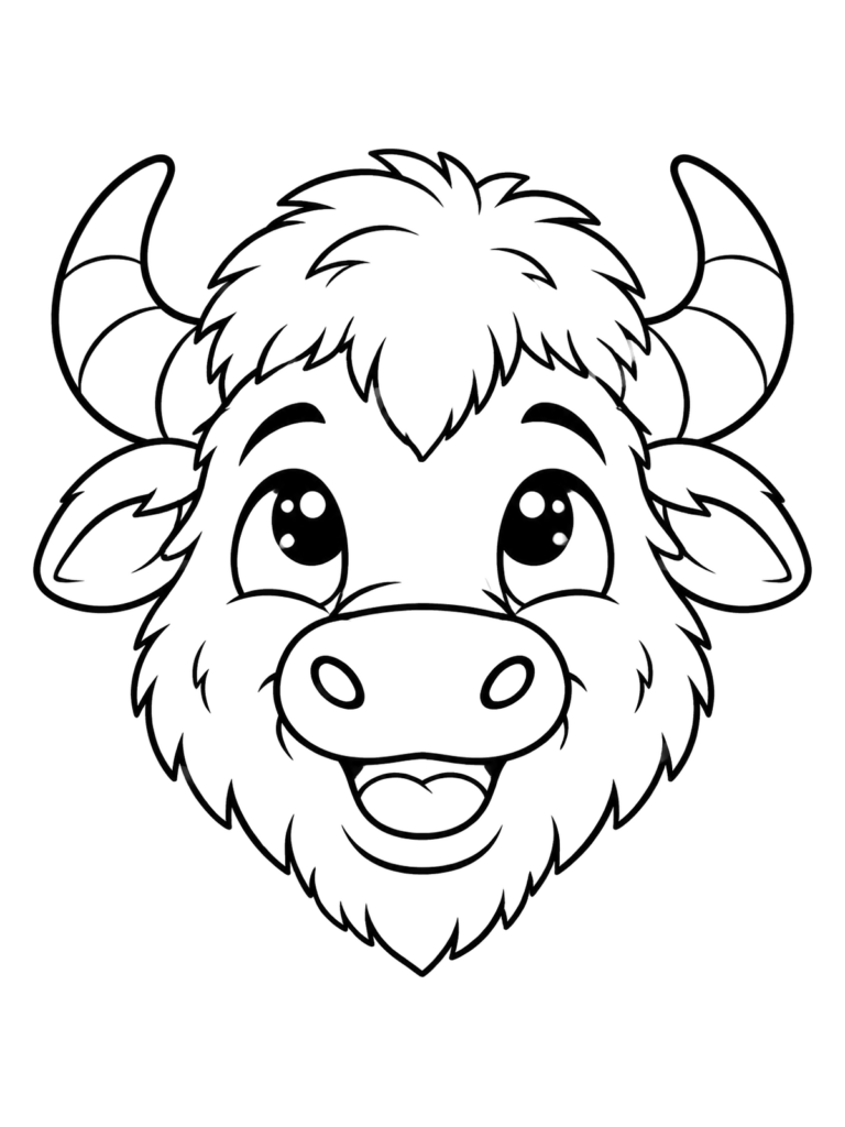Cartoon buffalo face line drawing on white background