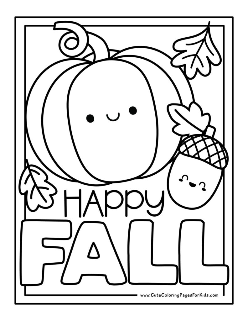 Cute pumpkin with happy fall text and acorns