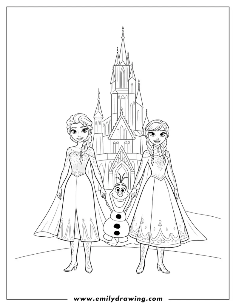 Two princesses and snowman before castle line art