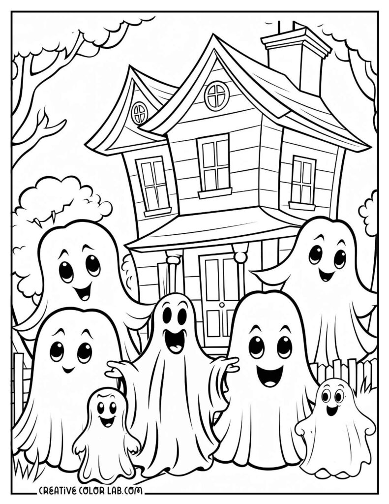 Cartoon ghosts in front of a haunted house