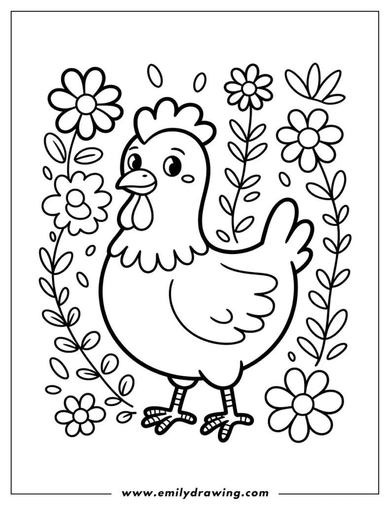 Cartoon chicken surrounded by flowers and leaves