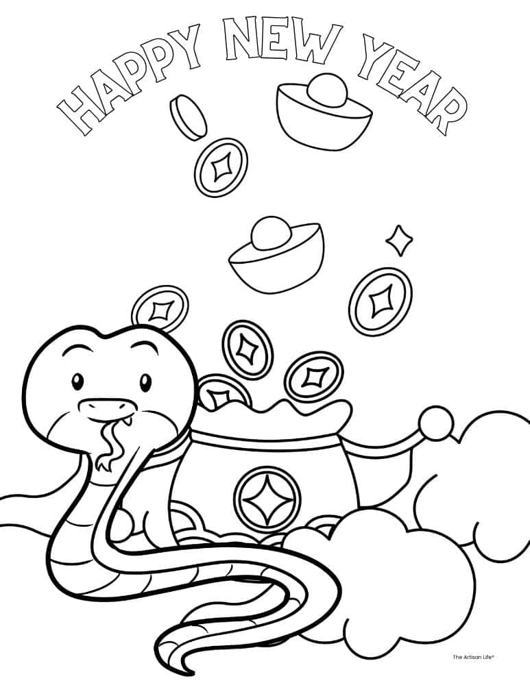 Black-and-white snake with coins and “Happy New Year” text