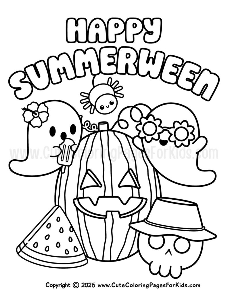 Happy summerween coloring page with ghosts and pumpkin