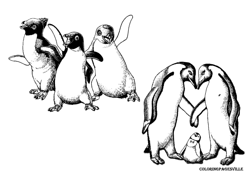 Black-and-white penguin coloring page with five penguins