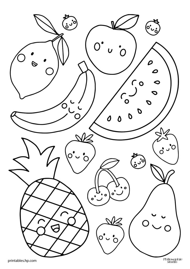 Kawaii fruit coloring page with smiling fruits and berries