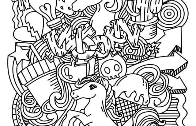 Unicorn and candy doodle coloring page with rainbow and stars