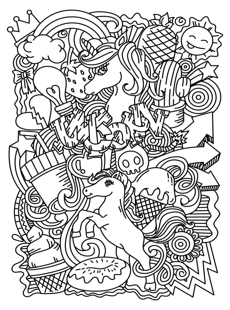 Unicorn and candy doodle coloring page with rainbow and stars