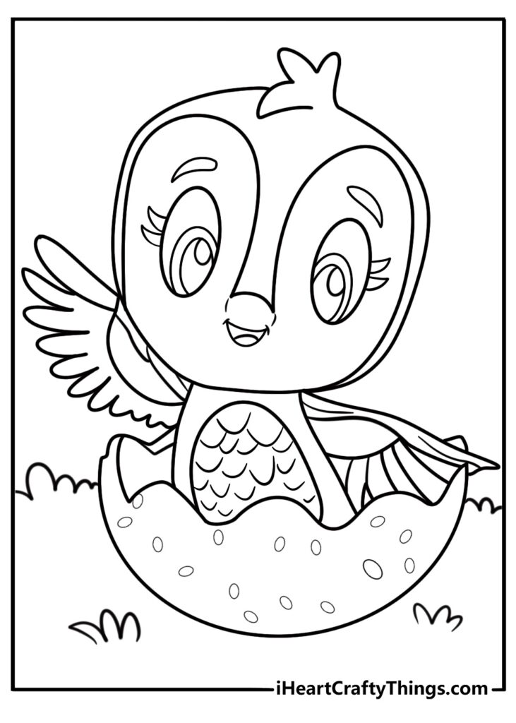 Cartoon bird hatching from a spotted eggshell