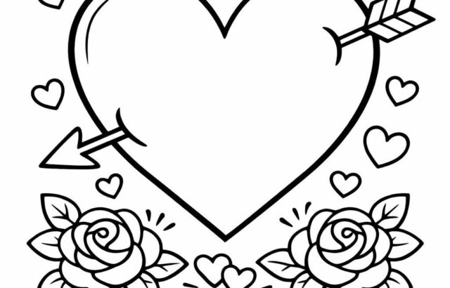 Heart pierced by arrow with clouds, hearts, roses