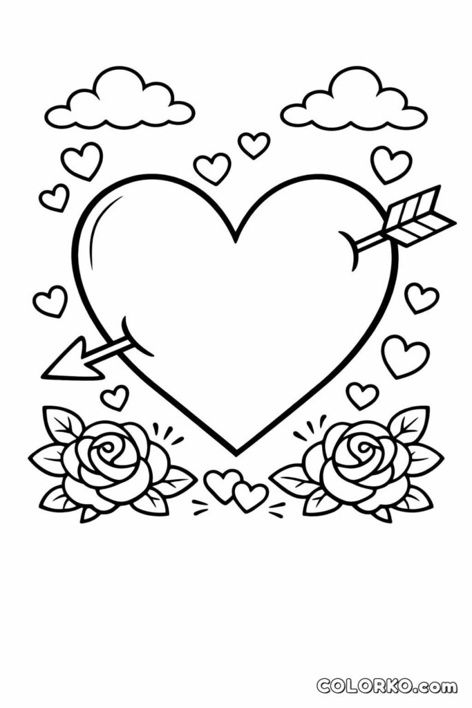 Heart pierced by arrow with clouds, hearts, roses