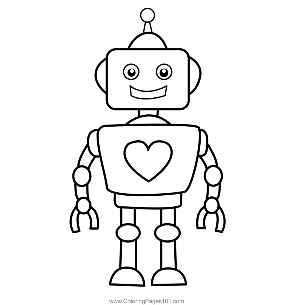 Cute cartoon robot with heart on chest coloring page