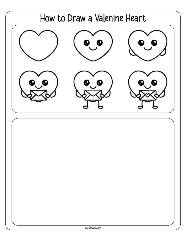 Valentine heart drawing tutorial worksheet with cartoon hearts