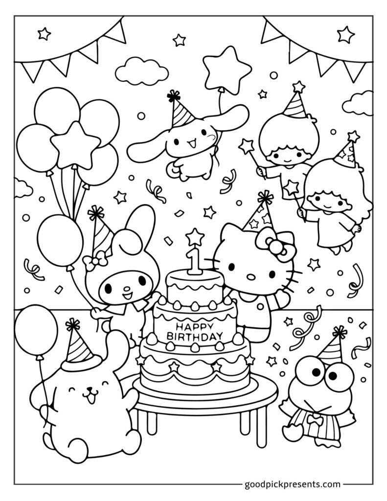 Black-and-white birthday coloring page with cartoon characters and cake