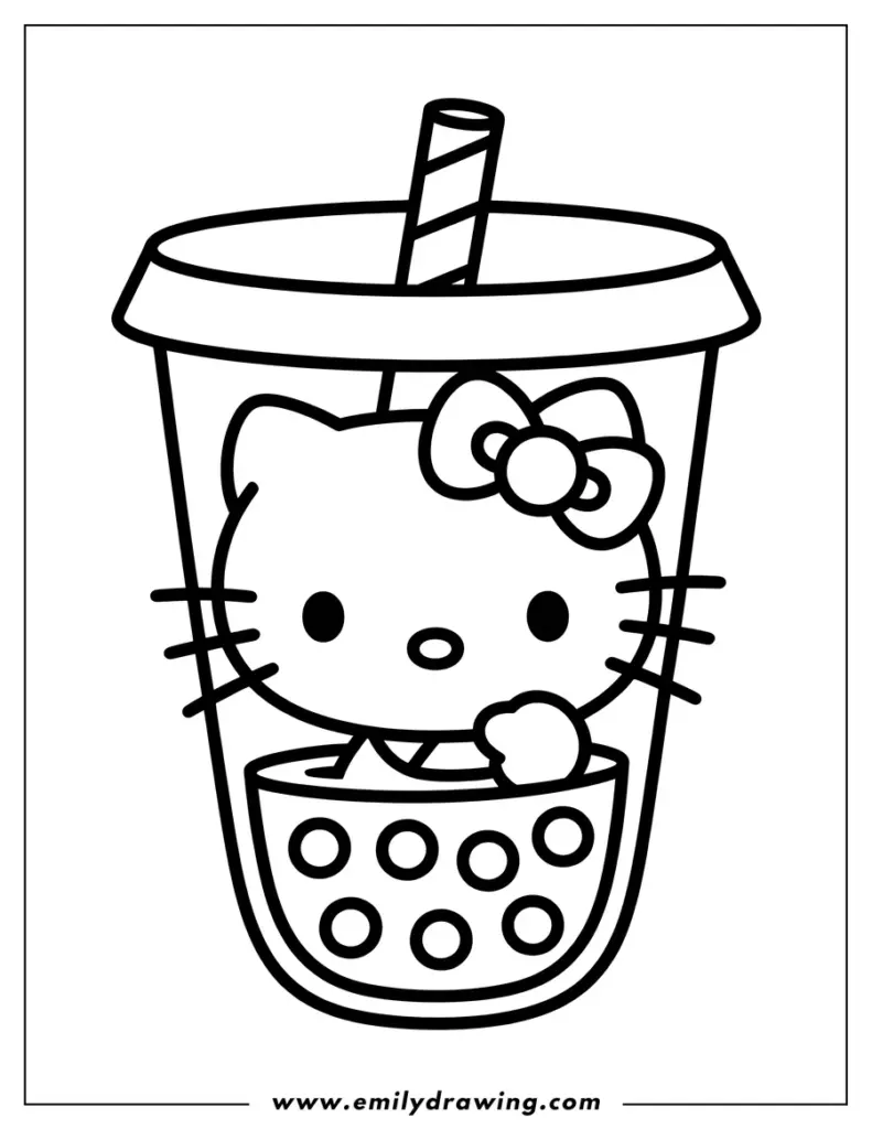 Hello Kitty inside a bubble tea cup coloring page