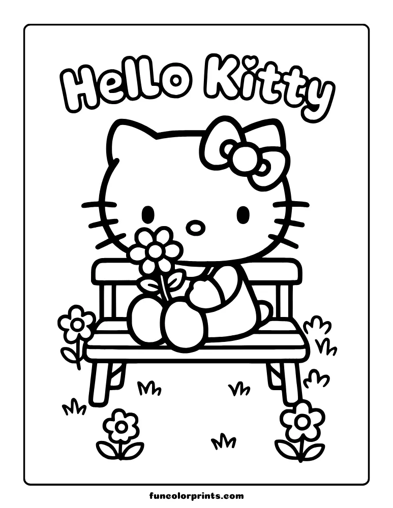 Hello Kitty sitting on a bench holding flowers