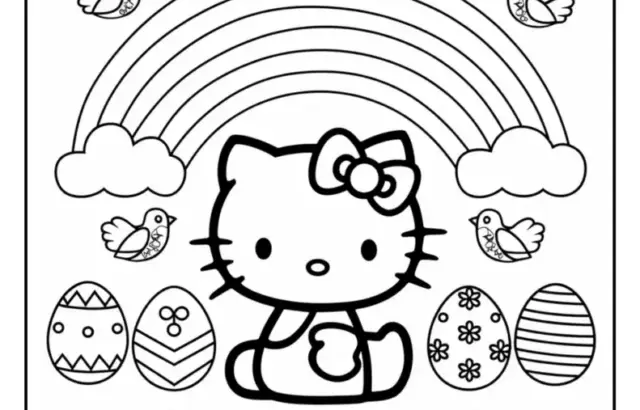 Hello Kitty coloring page with rainbow and eggs