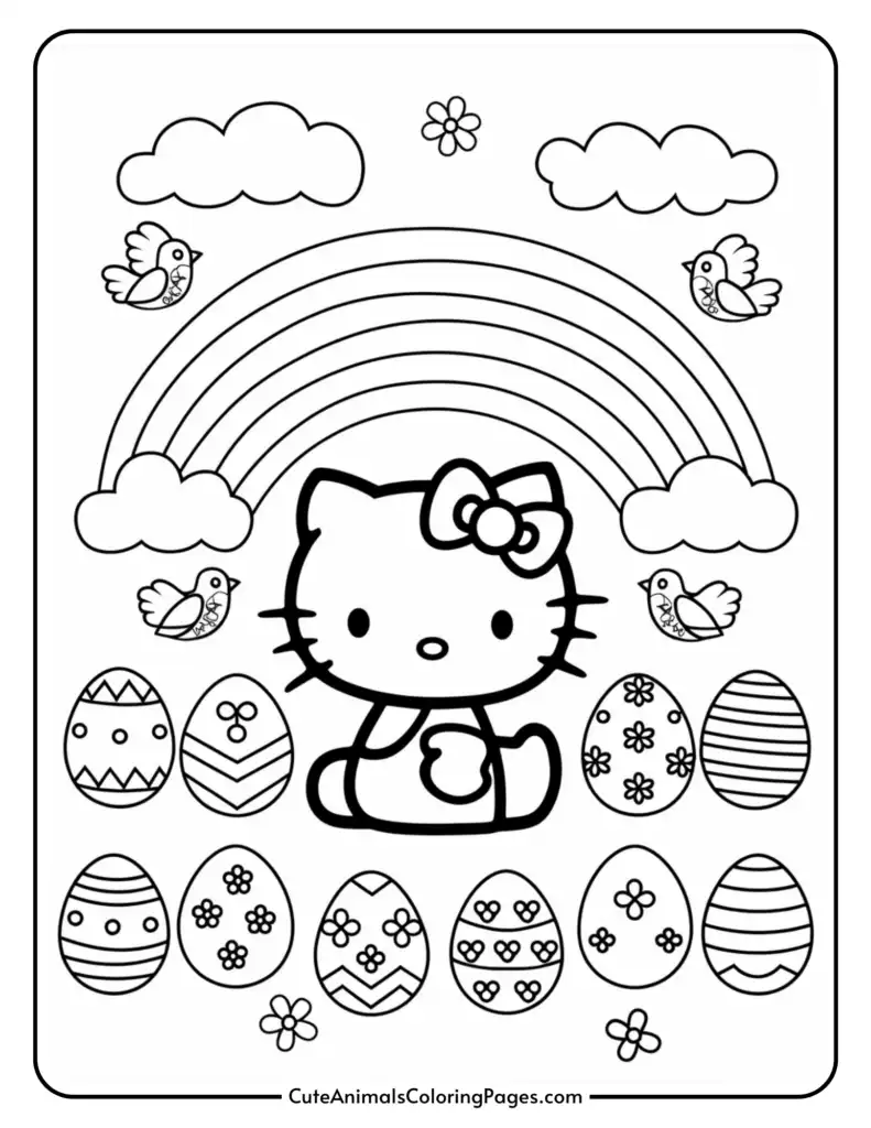 Hello Kitty coloring page with rainbow and eggs