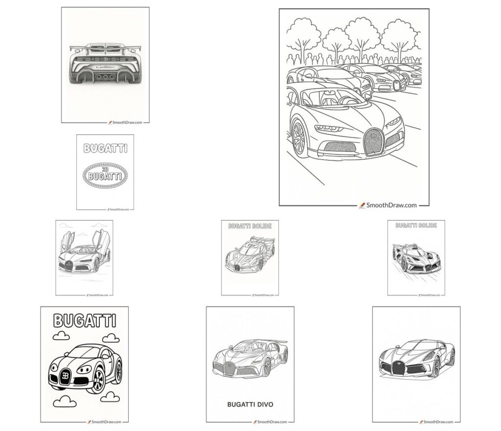 Collage of Bugatti car coloring page drawings